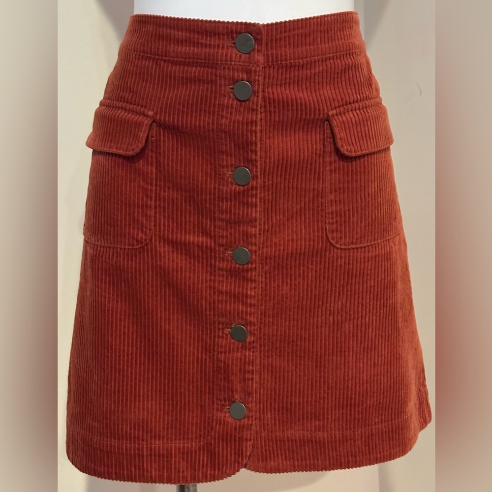 LOFT Rust Orange Corduroy Copper Button down Deep Pockets Mini Skirt Sz 14